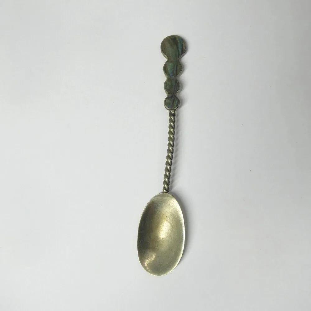 Silver Demitasse Spoon w/Mother of Pearl Inlaid Handle Vintage Alpaca Mexico